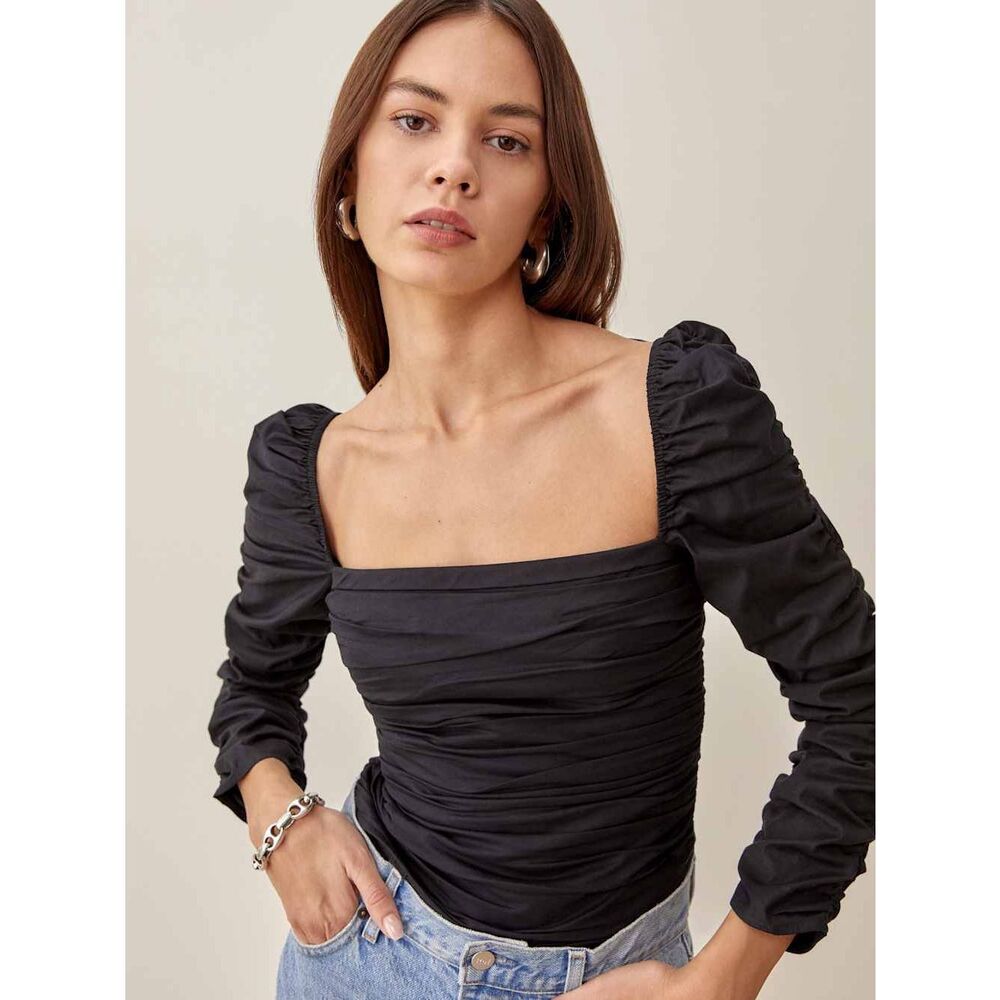 Reformation Black Ruched Long Sleeve Joi Top Size 2